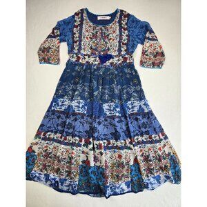 Biba Womens Floral Patchwork Maxi Prairie Dress Blue Size 34 Small Tassels